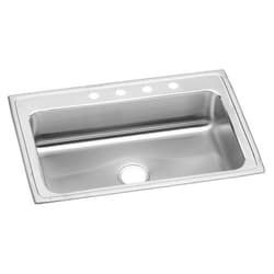 Just Manufacturing SL2233A4-J Sink, Lustrous Satin, Rectangular Shape, 28 in L x 16 in W Bowl x 7-1/2 in D Bowl, 4 Faucet Holes, 7-5/8 in H x 22 in W x 33 in L, 304 Stainless Steel