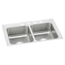 Just Manufacturing DL2133A4-J Sink, Lustrous Satin, Rectangular Shape, 13-1/2 in Left/Right L x 16 in Left/Right W Bowl x 7-3/4 in Left/Right D Bowl, 4 Faucet Holes, 7-7/8 in H x 21-1/4 in W x 33 in L, 304 Stainless Steel