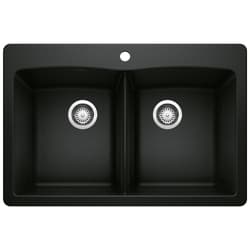 Blanco 442912 DIAMOND™ Dual-Mount Equal Double Bowl Kitchen Sink, Rectangular Shape, 1 Faucet Holes, 33 in L x 22 in W x 9.866 in H, SILGRANIT®, Coal Black, Import