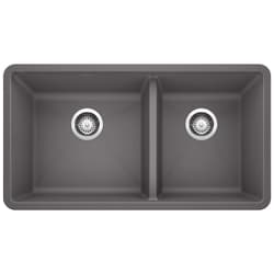 Blanco 441479 PRECIS™ SILGRANIT® II 1-3/4 Bowl Composite Sink, Cinder, Rectangle Shape, 17 in Left, 13 in Right L x 16 in Left, 16 in Right W x 9-1/2 in Left, 9-1/2 in Right D Bowl, 33 in L x 18 in W, Granite