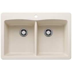 Blanco 443067 DIAMOND EQUAL SILGRANIT Double Dual Mount Sink, Rectangle Shape, 1 Faucet Holes, 10 in H x 33 in W x 22 in D, Granite, Soft White, Import