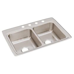 Just Manufacturing DL2233A4-J Sink, Lustrous Satin, Rectangular Shape, 13-1/2 in Left/Right L x 16 in Left/Right W Bowl x 7-3/4 in Left/Right D Bowl, 4 Faucet Holes, 8-1/8 in H x 22 in W x 33 in L, 304 Stainless Steel